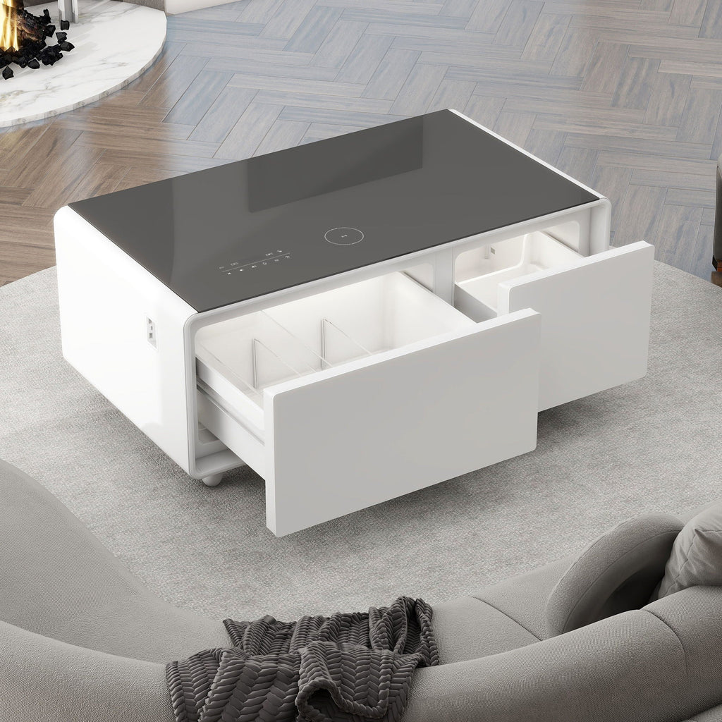 Modern Smart Coffee Table With Built-In Fridge - tooth Speaker, Wireless Charging, Touch Control Panel, USB Interface, Outlet Protection, Atmosphere Light