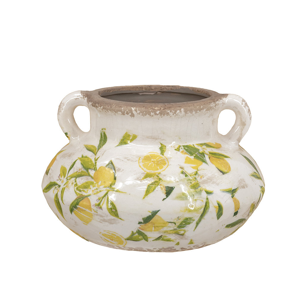 8.1x8.1x5.2" Ceramic Planter with Yellow Lemon and Green Leaf Motif