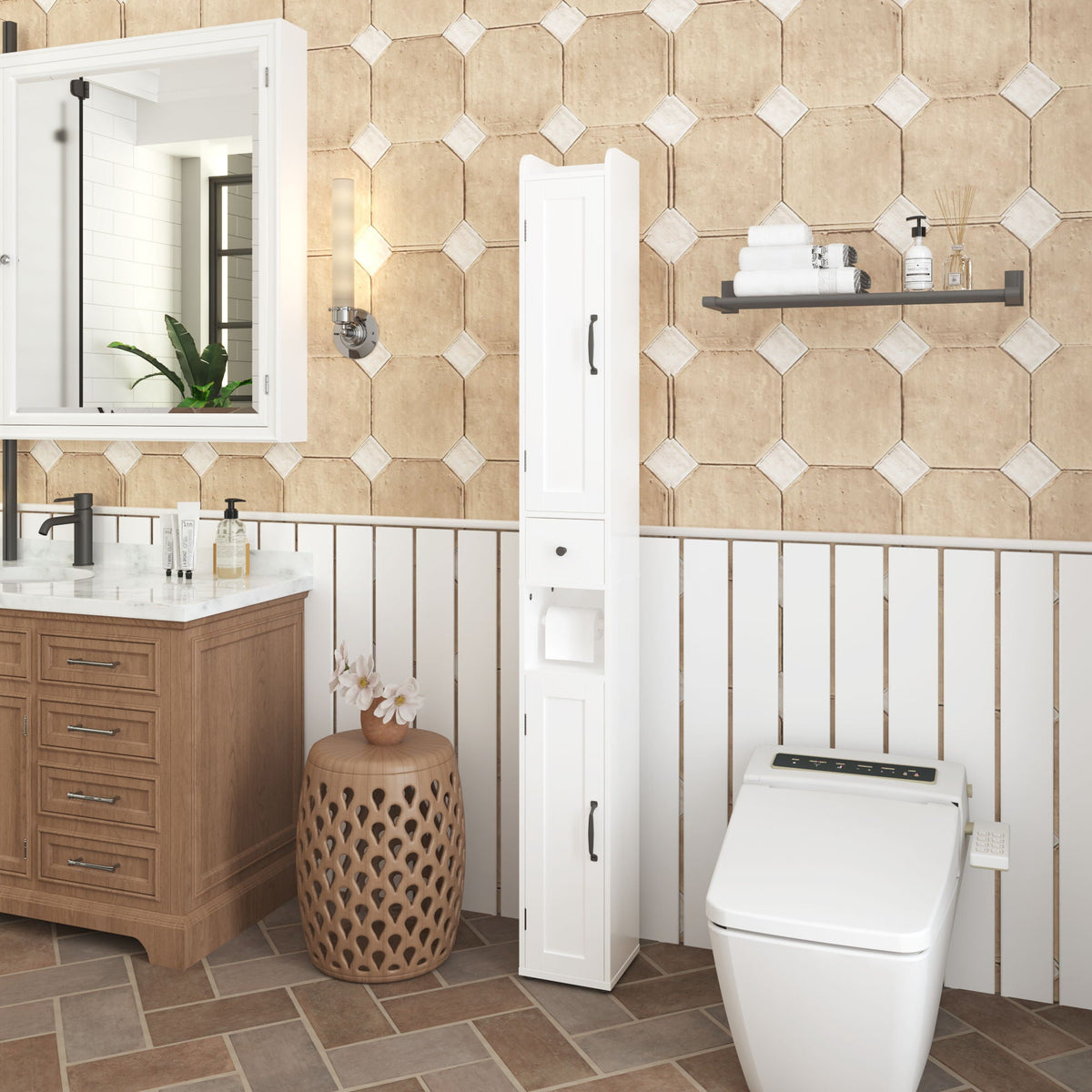 Slim Tall Bathroom Storage Cabinet With Adjustable Shelves, 2 Doors Freestanding Cabinet - White