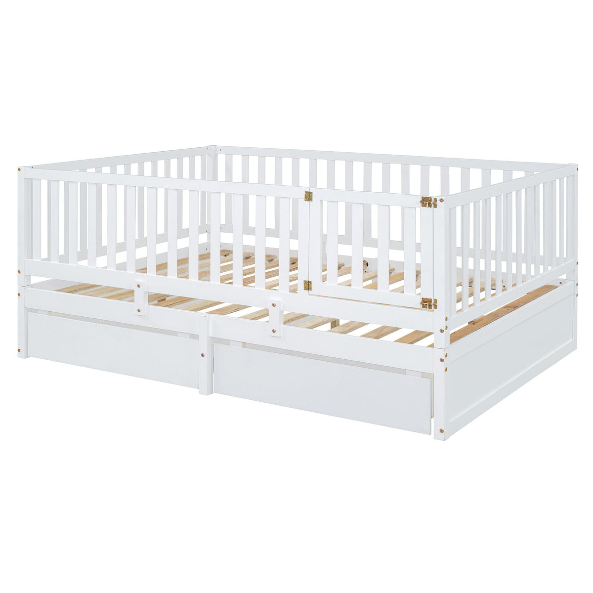 Daybed With Fence Guardrails And 2 Drawers, Split Into Independent Floor Bed & Daybed