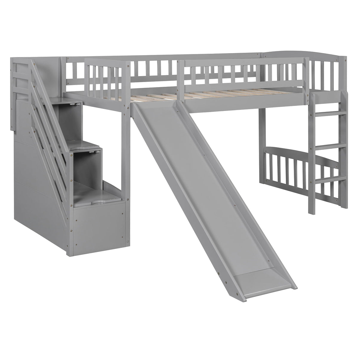 Loft Stairway Bed With 2 Drawers, Convertible Ladder And Slide