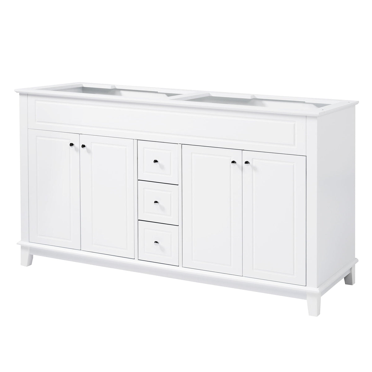 Bathroom Vanity Cabinet Only, 3 Drawers & 4 Doors With Double Layer Shelves - White