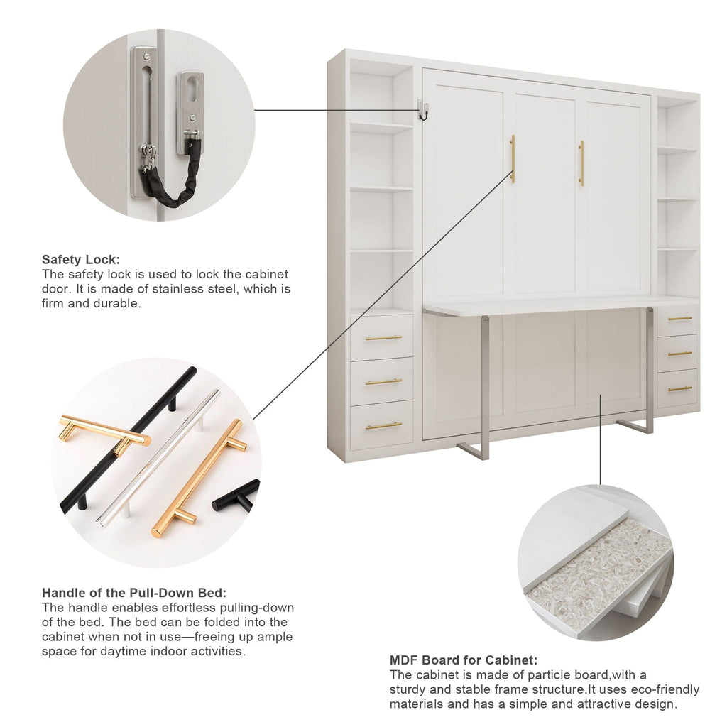 Queen Size Murphy Wall Bed With Side Storage Cabinets - White