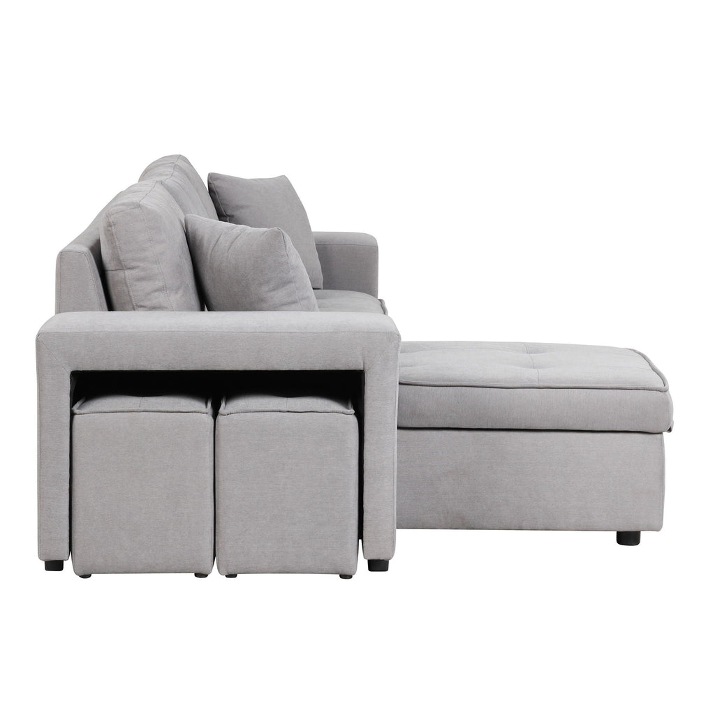 Modern L-Shape 3 Seat Reversible Sectional Couch, Pull Out Sleeper Sofa With Storage Chaise And 2 Stools For Living Room Furniture Set