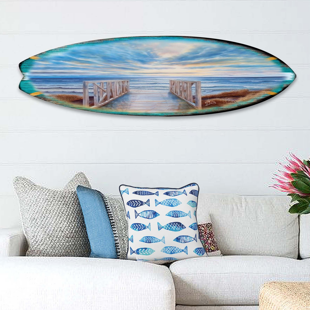 Wooden Pier Surfboard Coastal Wall Art by G. DeBrekht - Coastal Holiday Decor - 8490116HS
