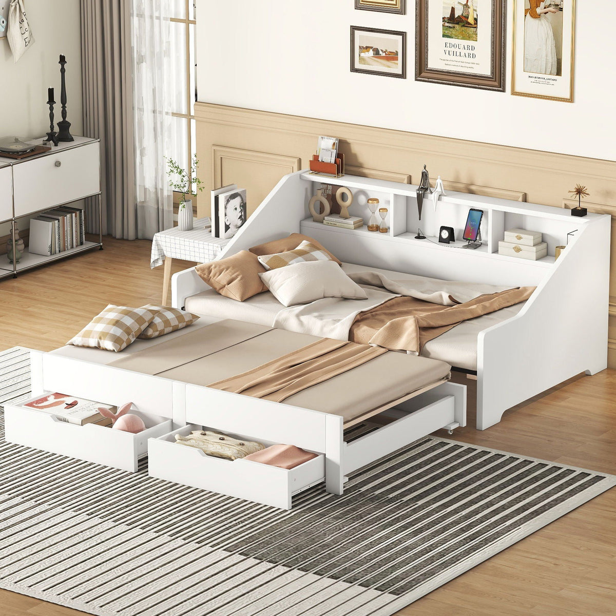 Daybed Frame With Storage Bookcases, 2 Drawers, Charging Station