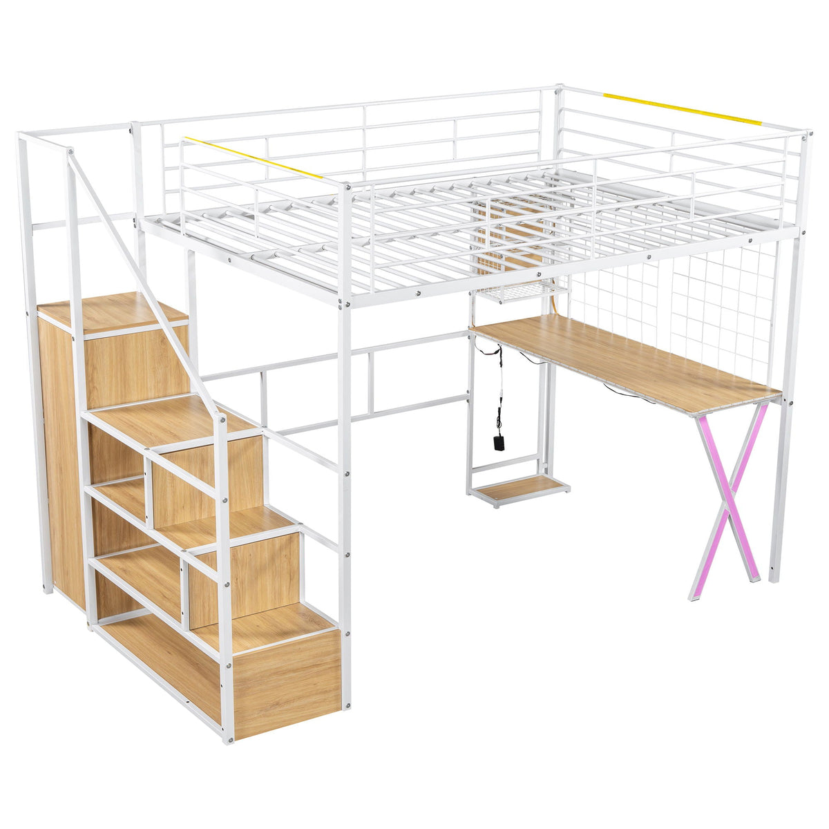 Loft Bed With Built In Work Station, Wardrobe, Storage Staircase And LED
