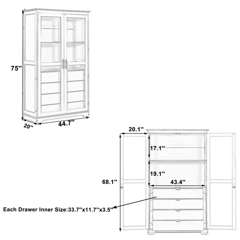 Kitchen Pantry, Freestanding Kitchen Storage Cabinet Display Cabinet With Glass Doors And 4 Built In Drawers For Living Room, Home Office - Blue