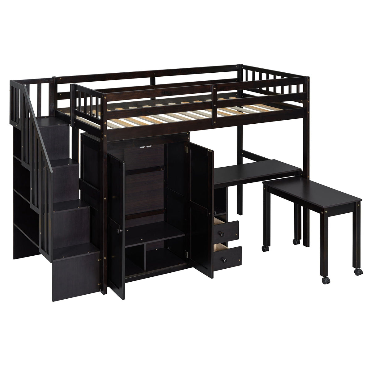 Loft Bed With Stairs, Bookshelf, Drawers, Desk & Wardrobe, Space Saving Multifunctional Furniture