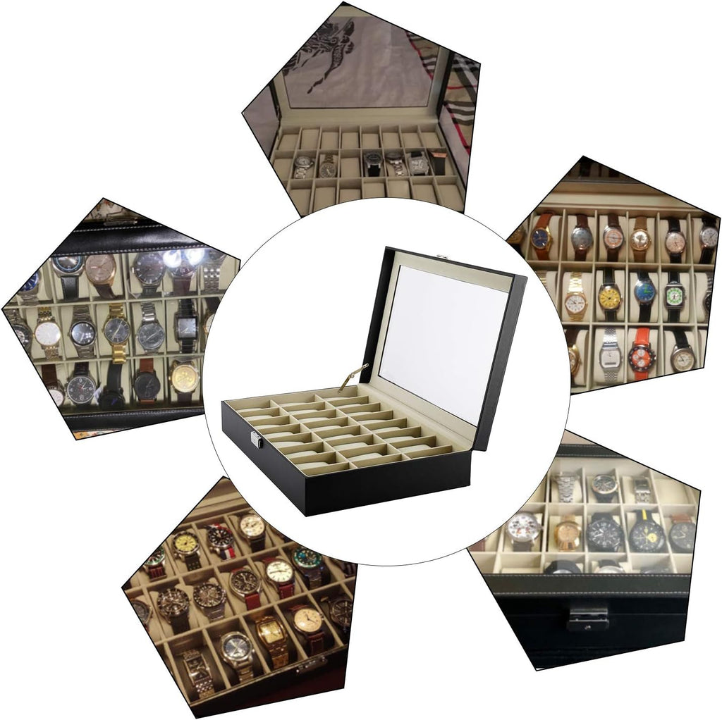 24 Slot Watch Box for Men, Watch Cases for Men, Watch Display Case, Glass Top PU Leather Watch Storage Organizer with Removable Pillows for Him