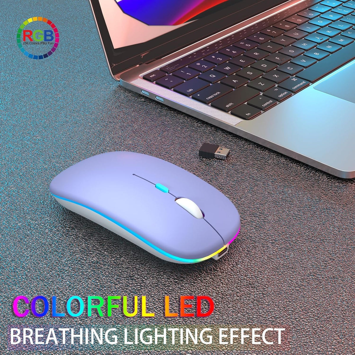 Wireless Bluetooth Mouse, Rechargeable, Dual Mode Bluetooth 5.2 & 2.4G USB, LED Lights, Slim, Silent, Portable Computer Mouse for Laptop, PC, Macbook, Ipad, Tablet (Purple)