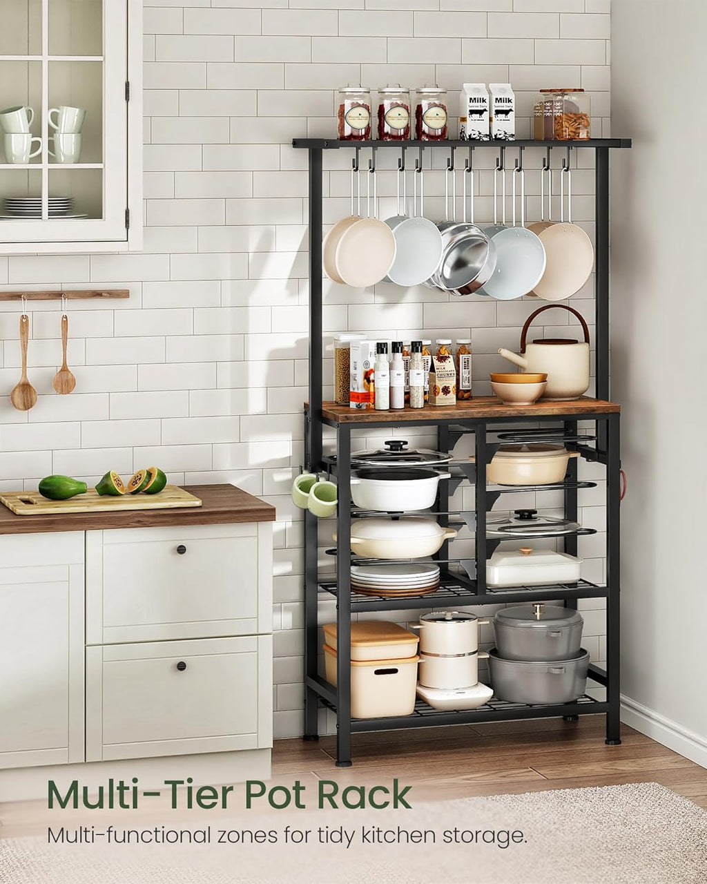 Pots and Pans Organizer Rack, Kitchen Bakers Rack, Multi-Tier Storage Shelf, Kitchen Island Table, Cooking Rack with Pots and Pans Storage, Rustic Brown and Black TPR60BF