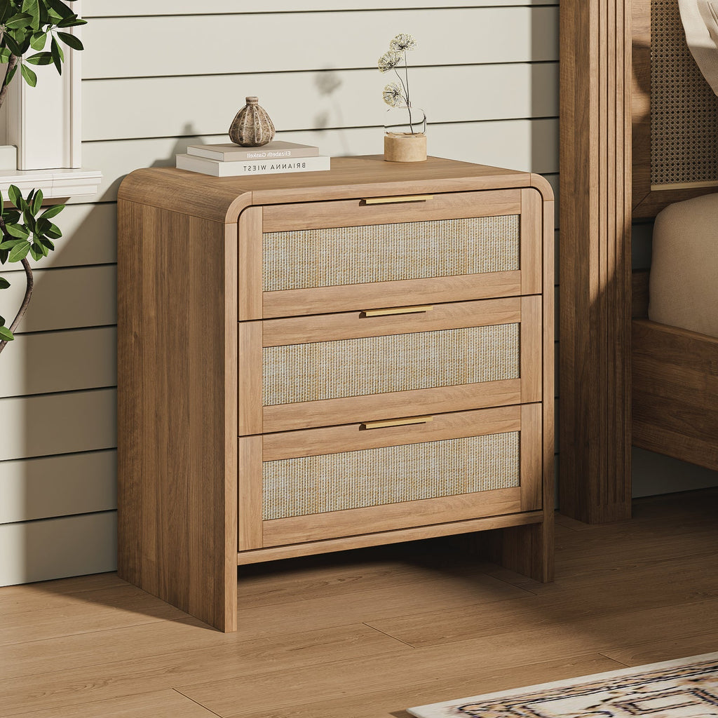 Rattan Nightstand Set of 2 with 3 Drawers in Caramel Oak