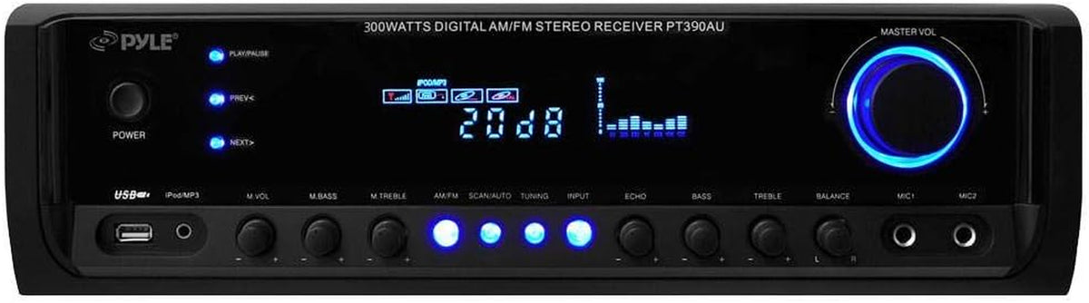 300W 4-Channel Home Audio Power Amplifier - Stereo Receiver with USB/ RCA/ AUX/ 2 Mic Inputs W/ Echo/ LED/ EQ/ Digital Display/ Remote - for PA - Iphone - Karaoke - Home Entertainment - PT390AU