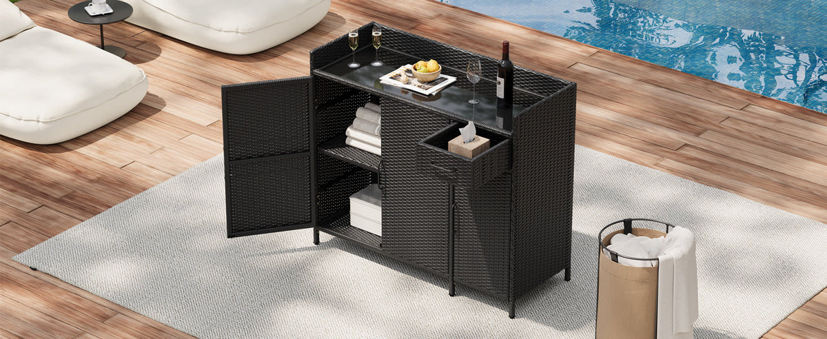K&K 47.5"W Wicker Outdoor Storage Cabinet with Tempered Glass Top