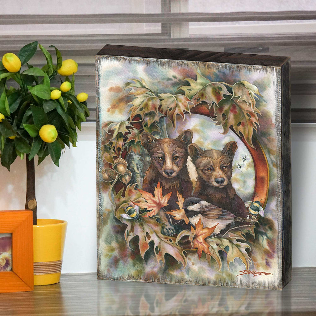 Simple Joys Black Bear Cubs Bees Wooden Wall Art by J. Bergsma - Nature Wildlife Decor - 85922850B-JB