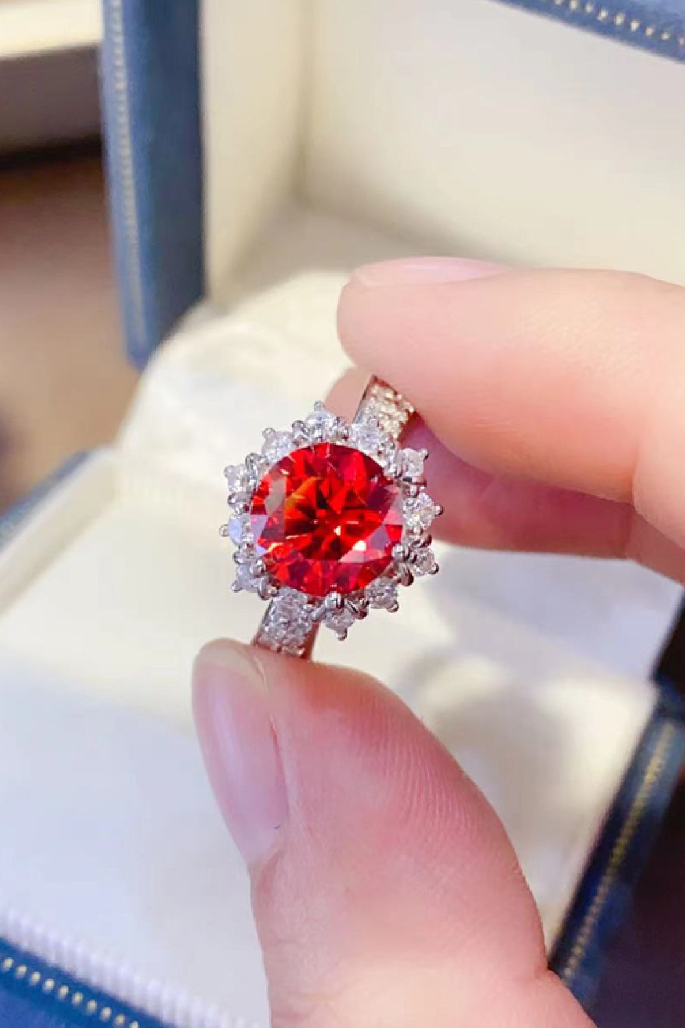 2 Carat Red Brilliant Round Cut Sparkala™ Platinum Over Pure Sterling Silver Halo Ring