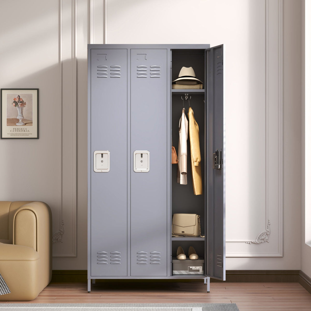 3 Door Lockers With Lock For Home, Gym, Office, School, And Garage - Gray