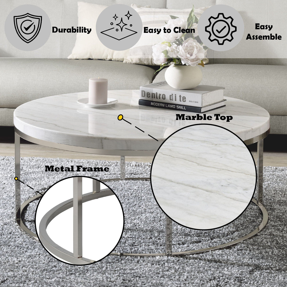Zaidee Marble Top Nickel Coffee Table - White