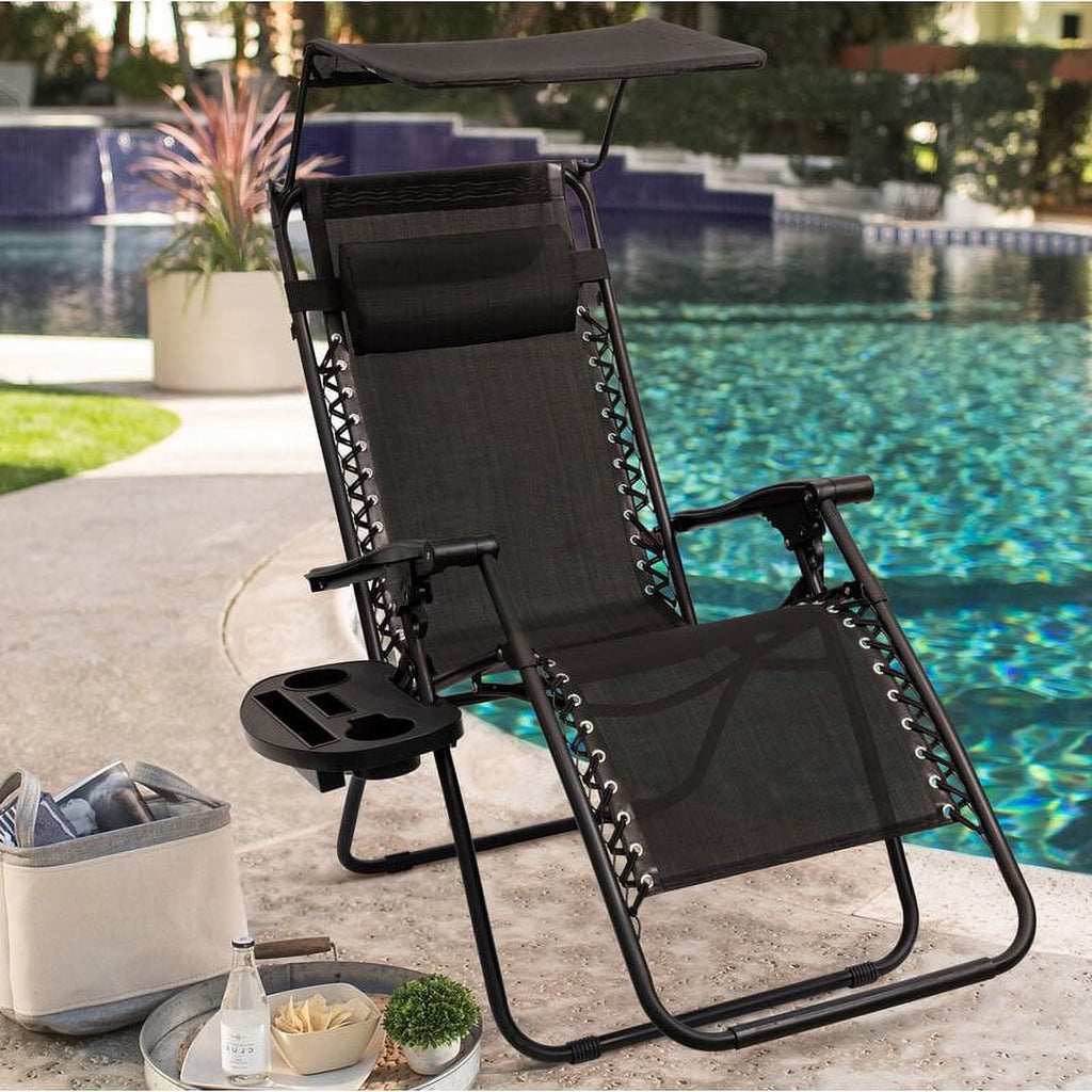 Zero Gravity Chair Outdoor Folding Recliner Lounge Chair with Attachable Sunshade Canopy and Holder,Black