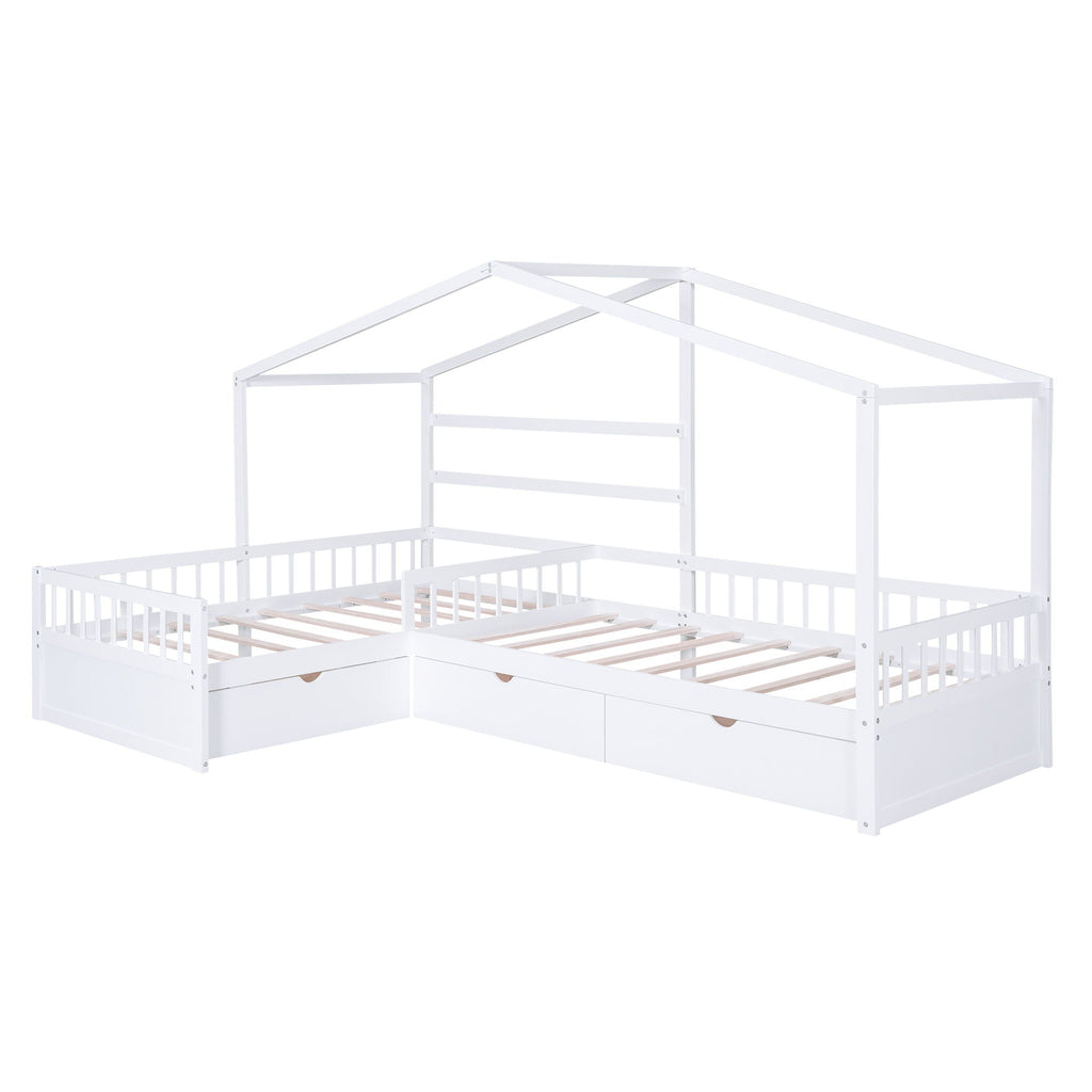 L Shape Platform Bed With 3 Storage Drawers