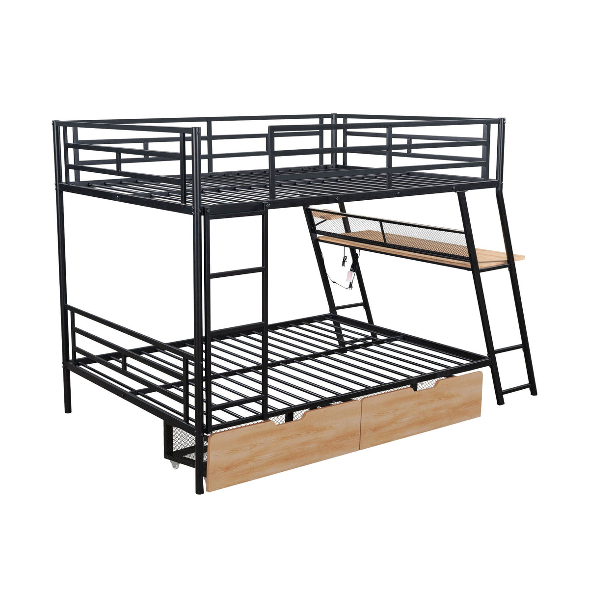 Full Size Bunk Bed With Built In Desk, Light, And 2 Drawers - Black