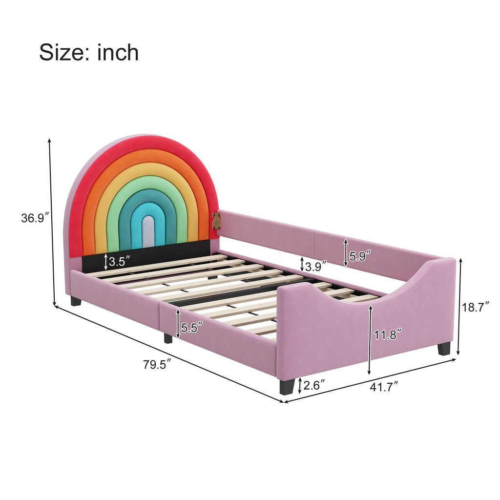 Rainbow Upholstered Twin Daybed Low To The Ground Design Cute Style Princess Bed - Colorful / Pink