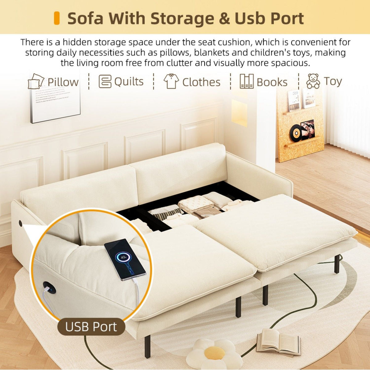 4 Seat Convertible Sleeper Sofa Bed, Modern With Storage