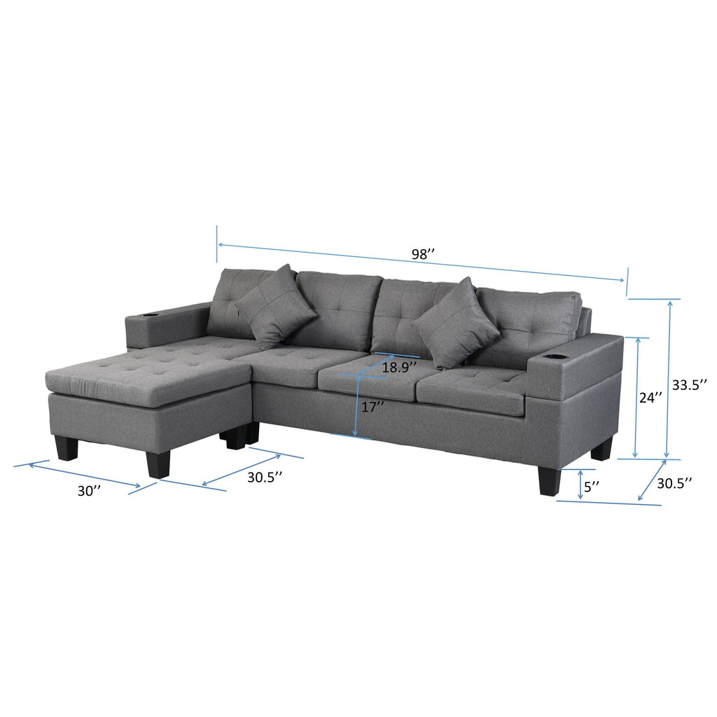 Modern Sectional Sofa Set With L Shape Chaise Lounge, Cup Holder, 4 Seat - Gray