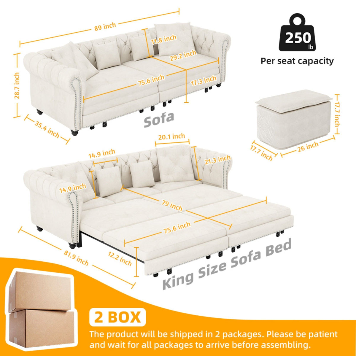 3 In 1 Pull Out Convertible Sleeper Sofa Bed, King Size, Chaise Lounge