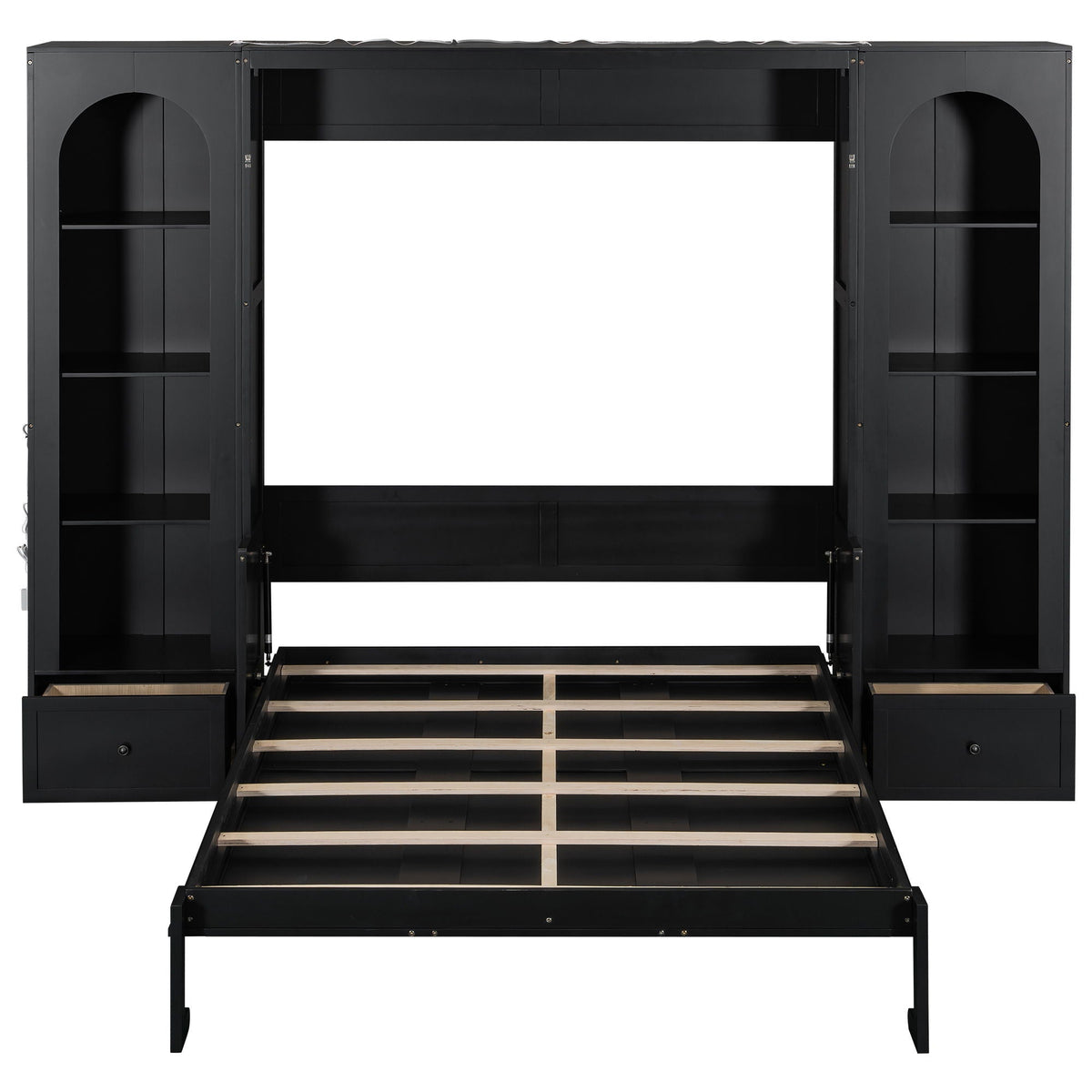 French Style Murphy Platform Bed With Shelf, Side Cabinets, Drawers And LED