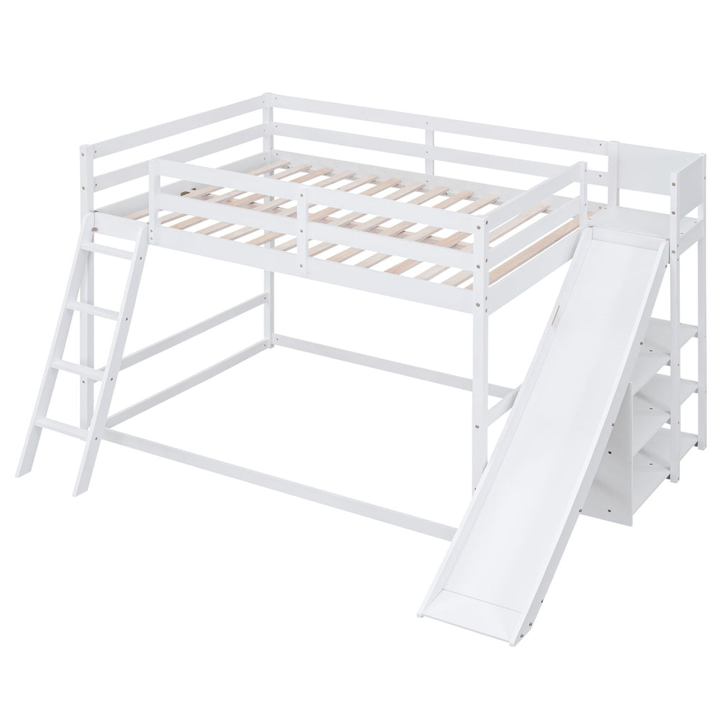 Bunk Bed With Ladder, Slide, And Shelves Pine Wood