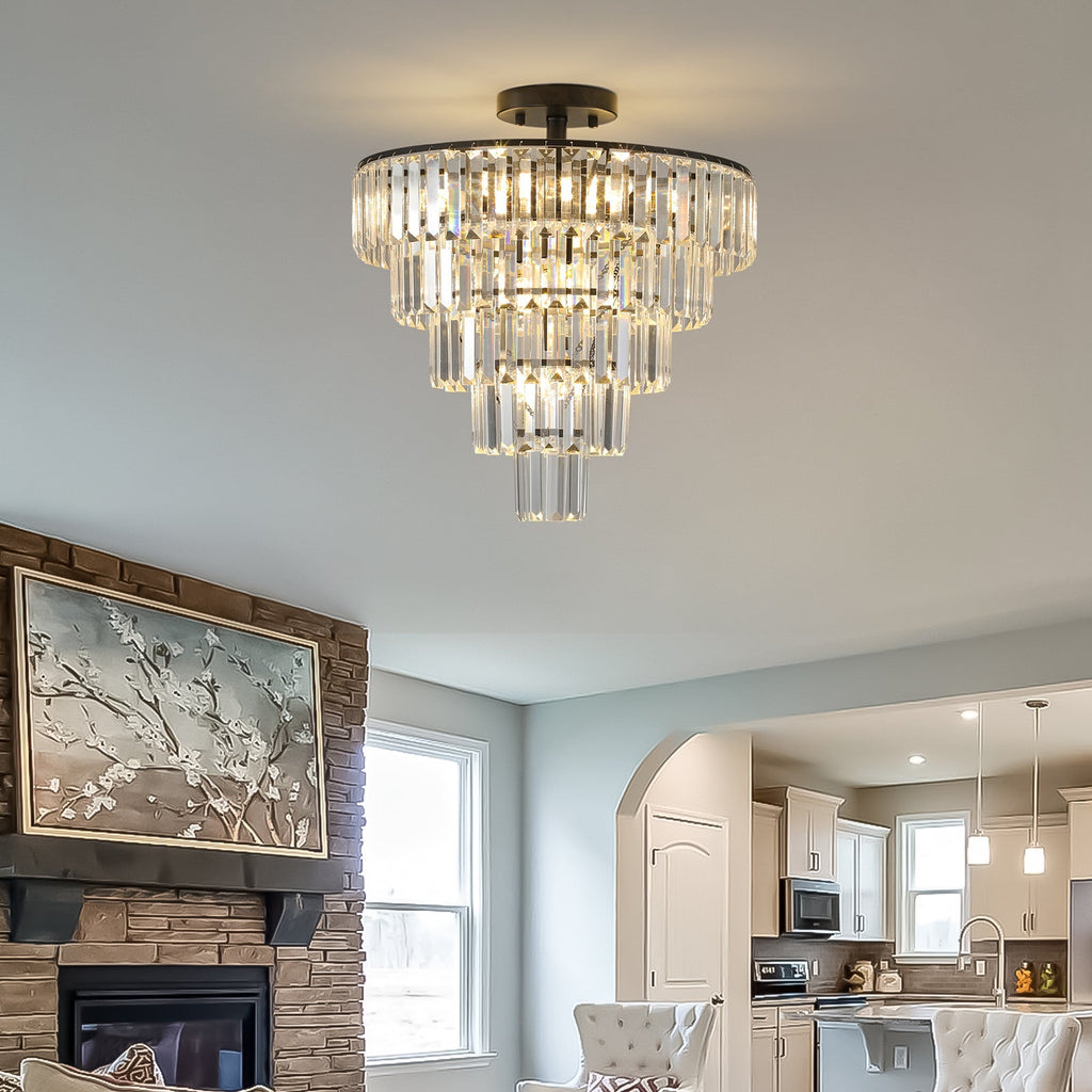 20' Black Crystal Chandelier Ceiling Light, Modern Luxury 10-Light Flush Mount