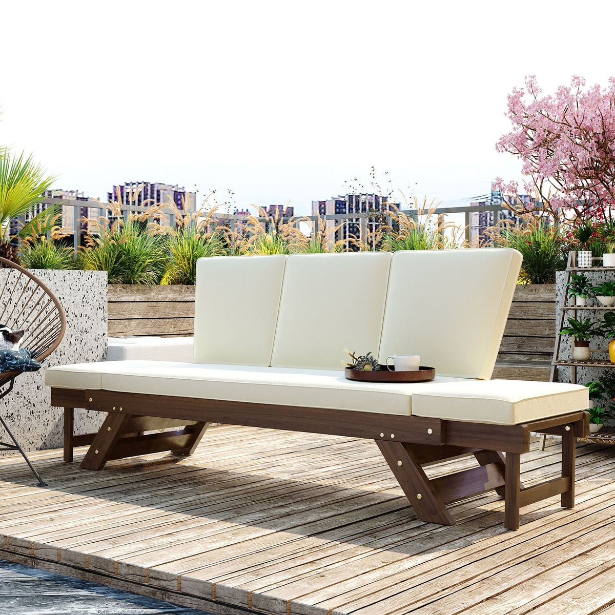 TOPMAX Outdoor Adjustable Patio Wooden Daybed Sofa Chaise Lounge