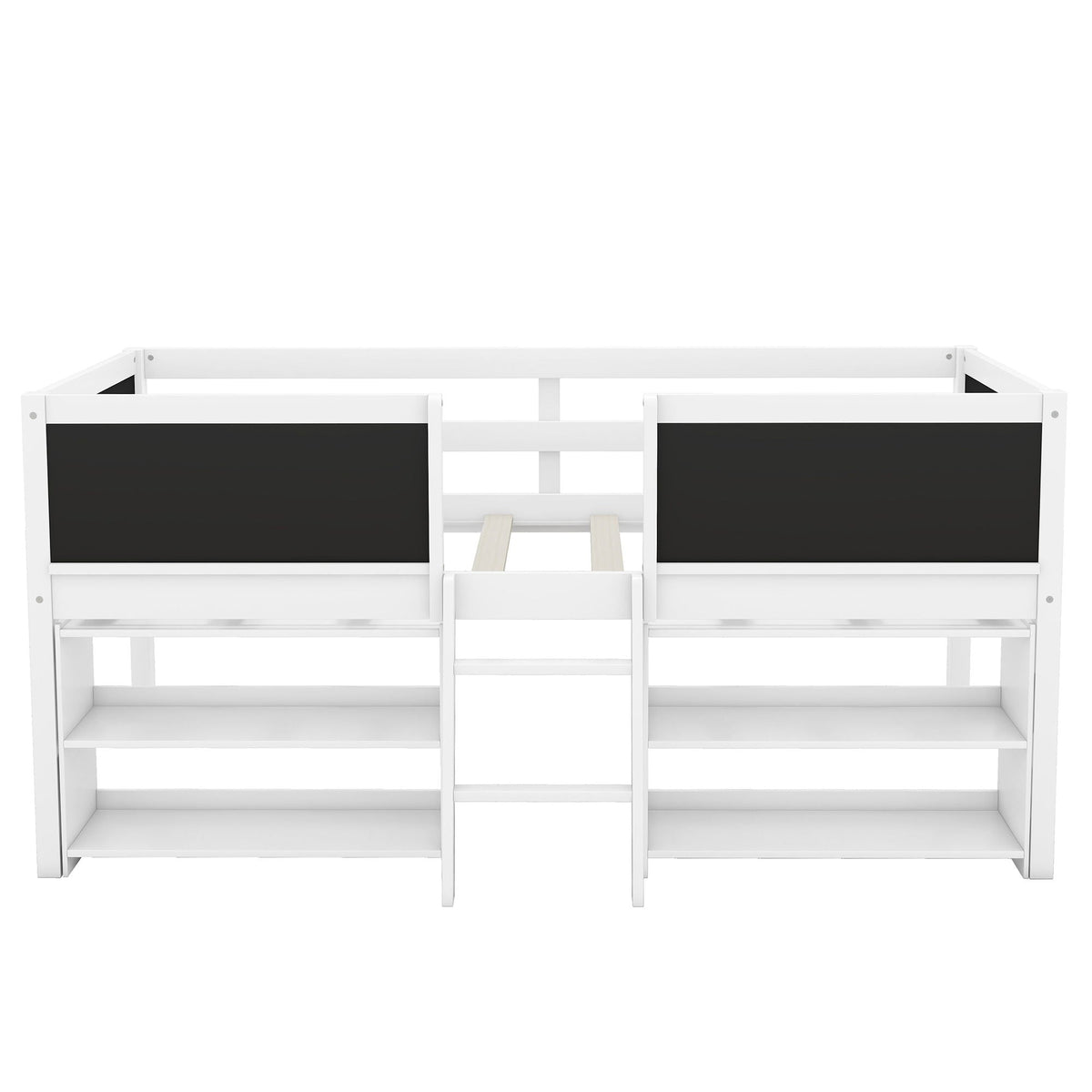 Low Loft Bed With Movable Shelves And Ladder, Decorative Chalkboard Guardrail