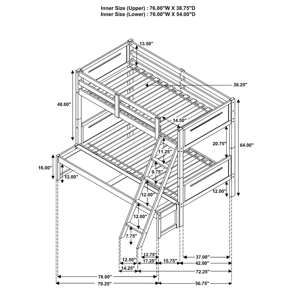 Bunk Bed With Built In Ladder, Safety Guardrails And Angled Access Step