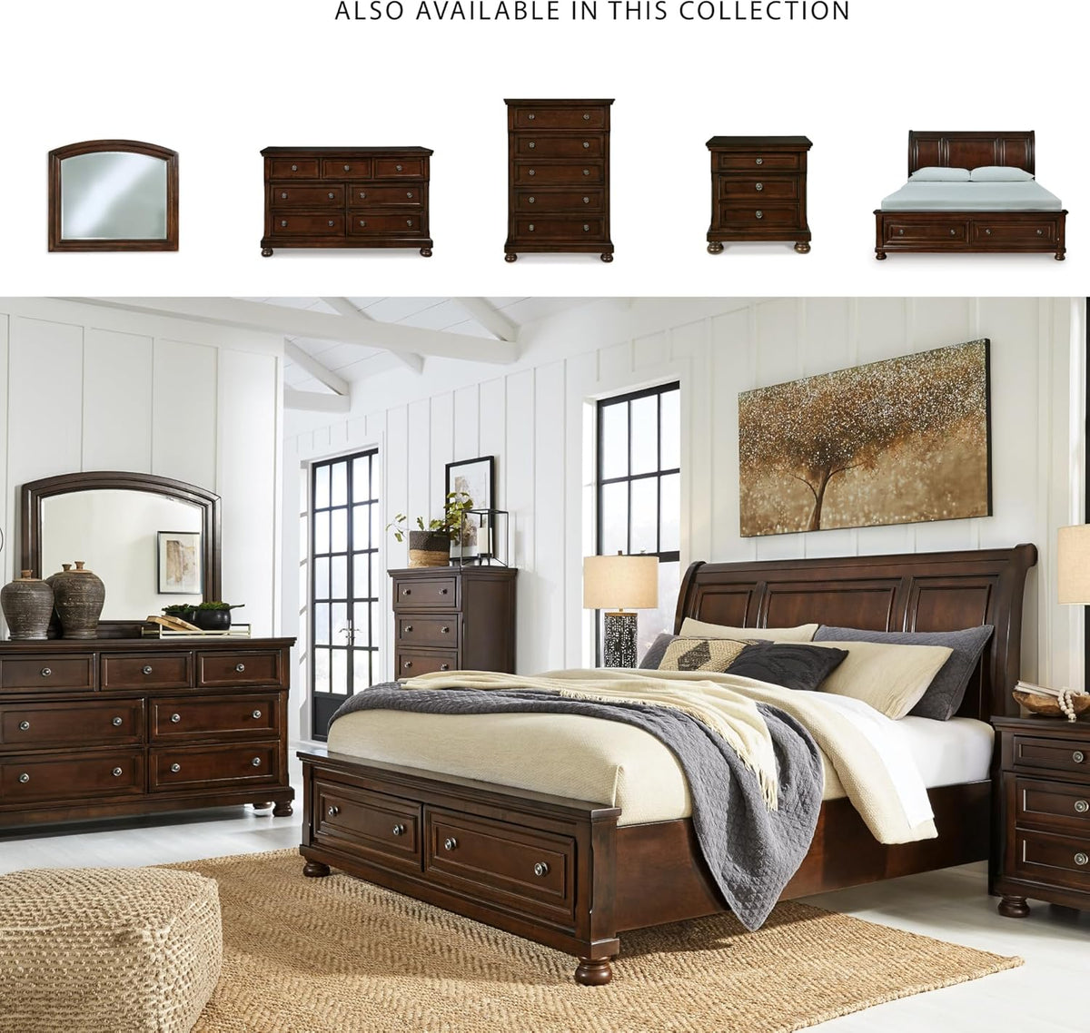 Signature Design by Ashley Porter Traditional 2-Drawer King Sleigh Storage Bed with Bun Feet, Foundation or Box Spring Not Needed, Dark Brown
