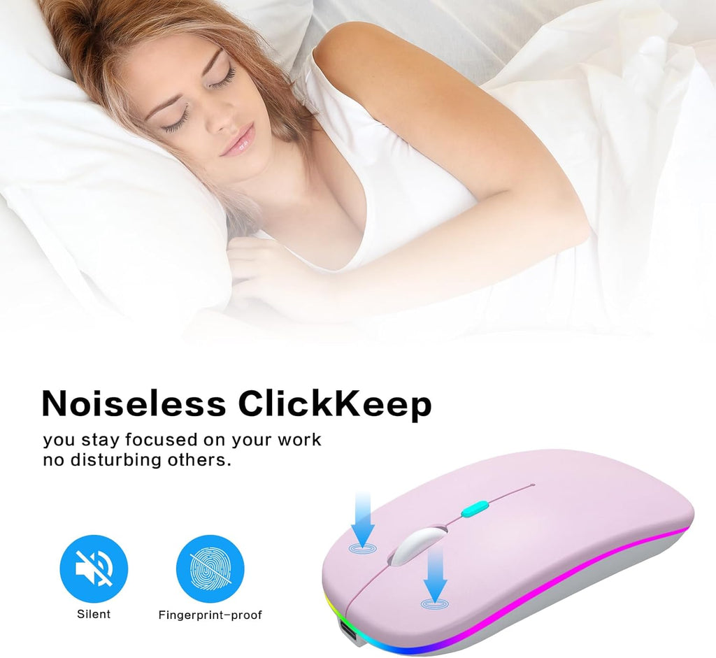 Wireless Bluetooth Mouse, Rechargeable, Dual Mode Bluetooth 5.2 & 2.4G USB, LED Lights, Slim, Silent, Portable Computer Mouse for Laptop, PC, Macbook, Ipad, Tablet (Pink)