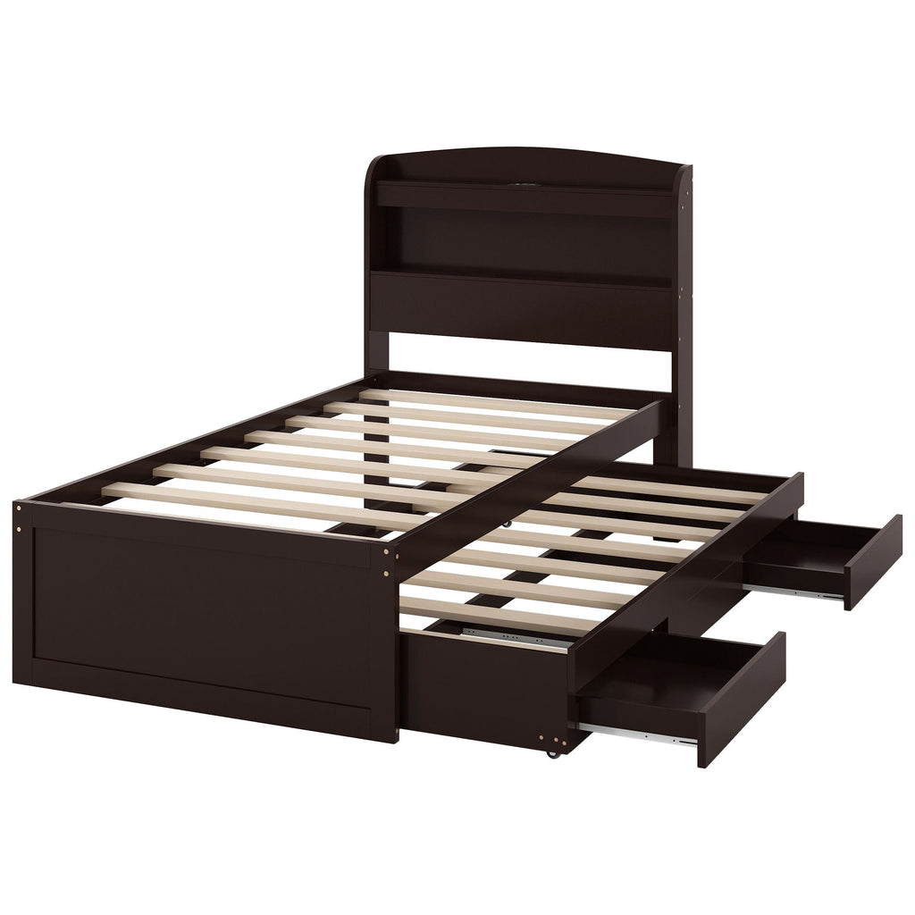 Platform Bed With LED Headboard, Charging Station, Trundle And 2 Drawers