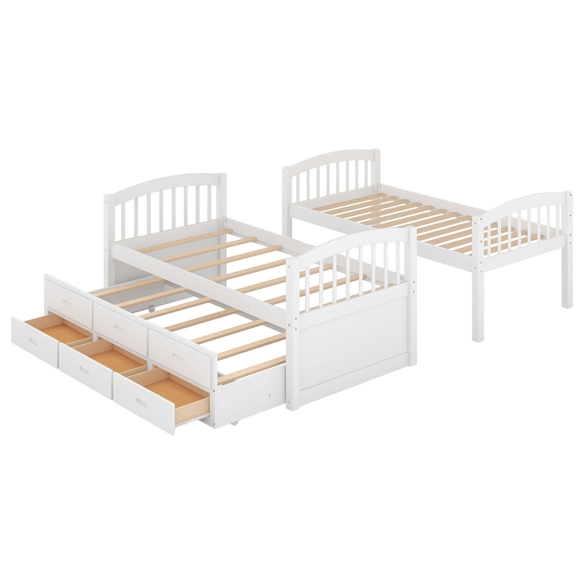 Bunk Bed With Trundle And Drawers, Arched Headboard And Footboard