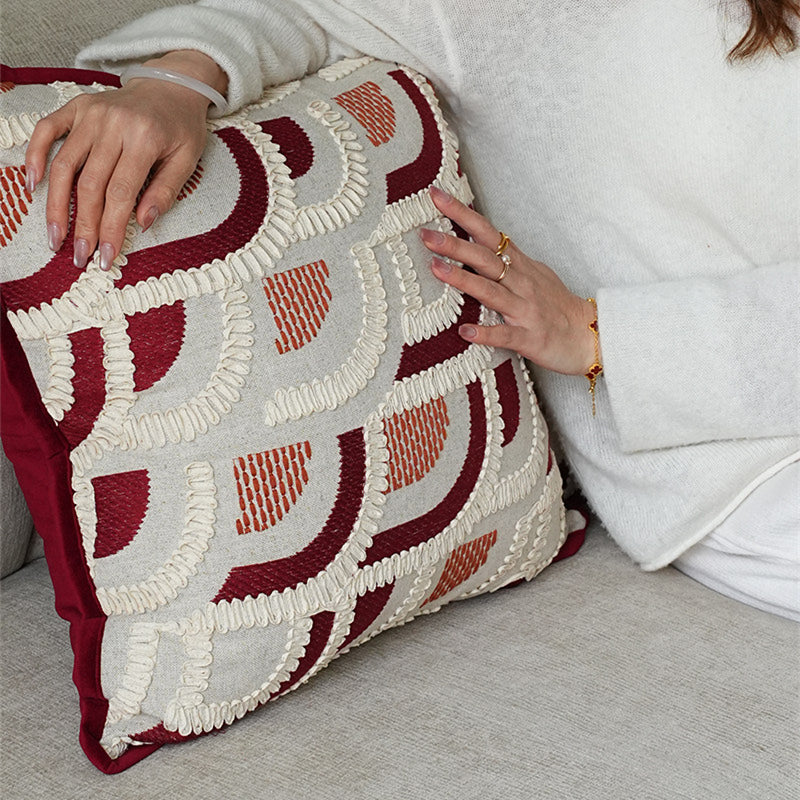Mid-Century Wabi-Sabi Embroidered Red Jacquard Throw Pillow For The Home