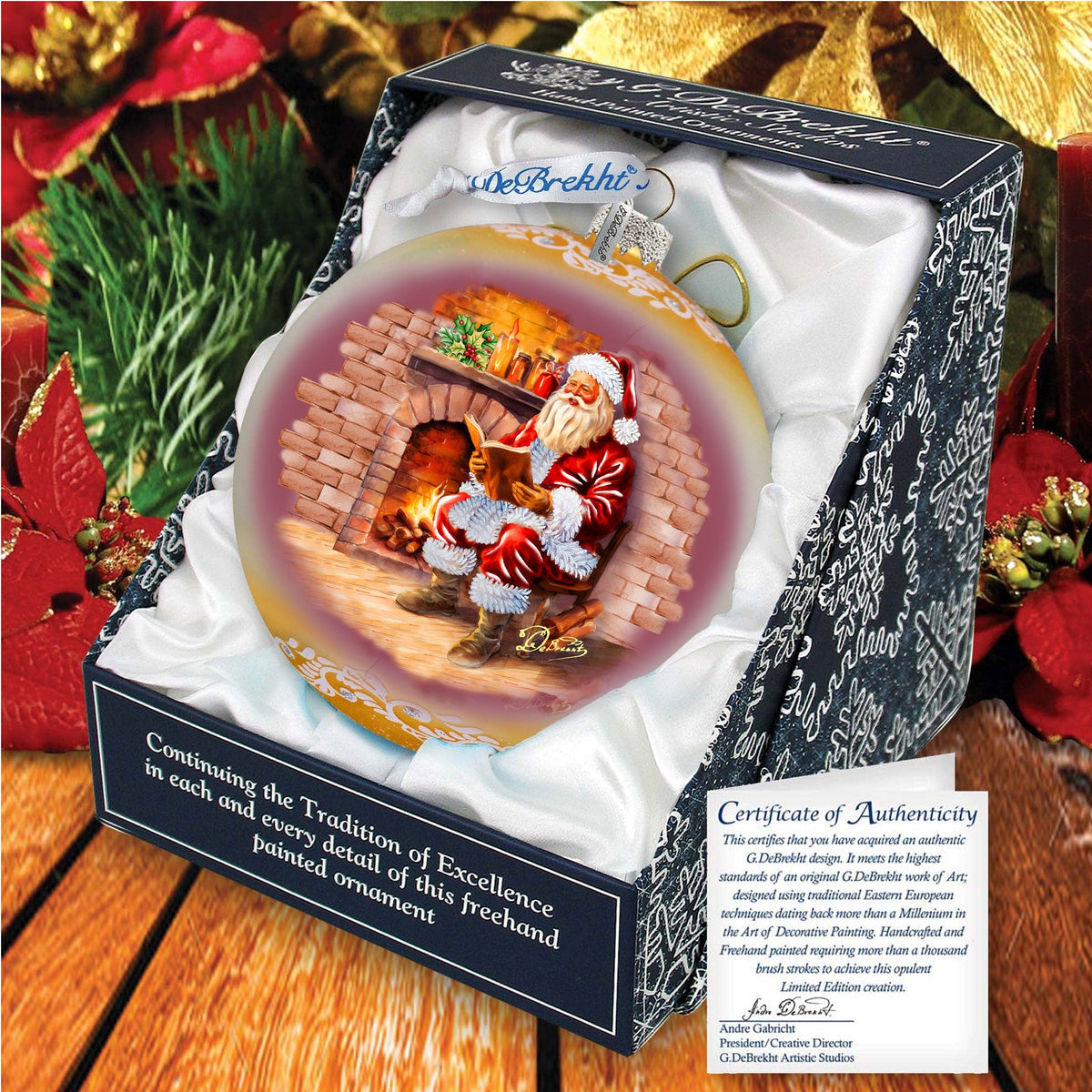 Chimney Side Storytime Lg Glass Ornament by G.Debrekht - Christmas Santa Snowman Decor - 73958