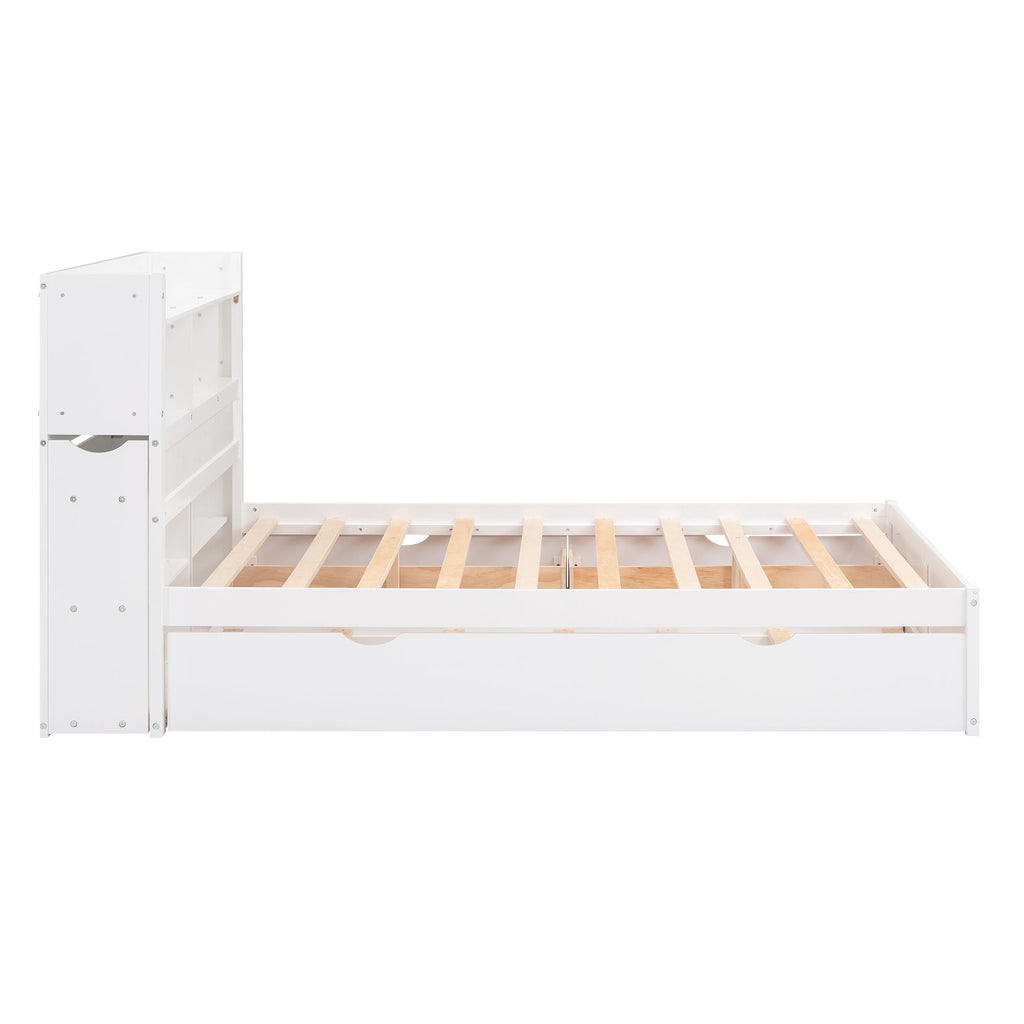 Storage Platform Bed With Pull Out Shelves, Trundle, And 2 Drawers