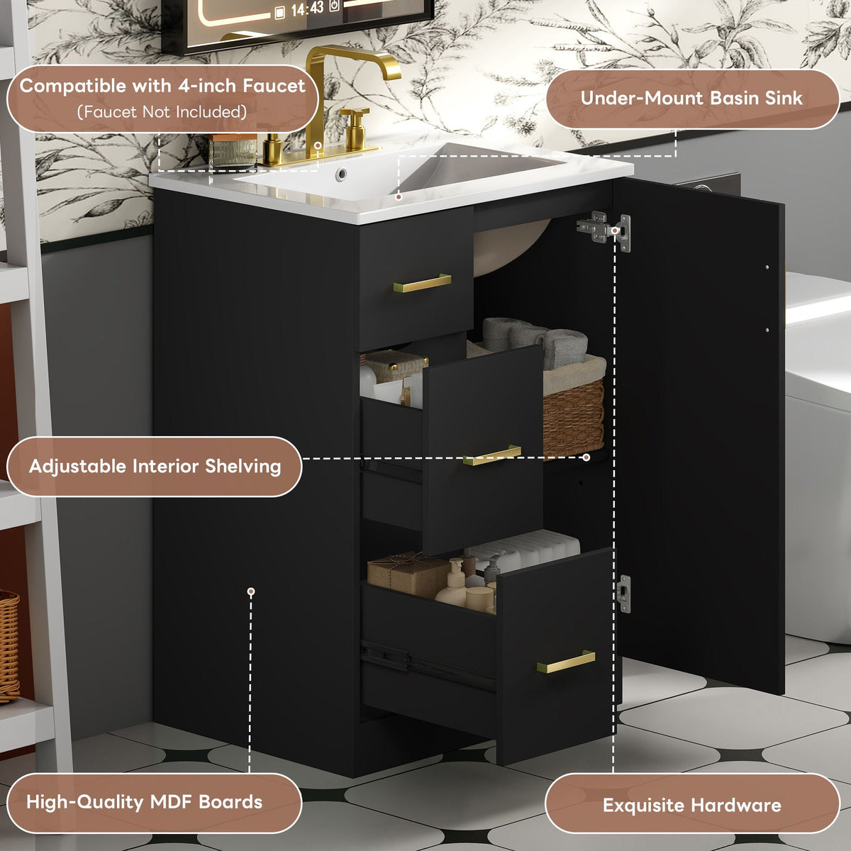 Bathroom Vanity With Under Mount Sink, 2 Drawers And Soft Closing Door