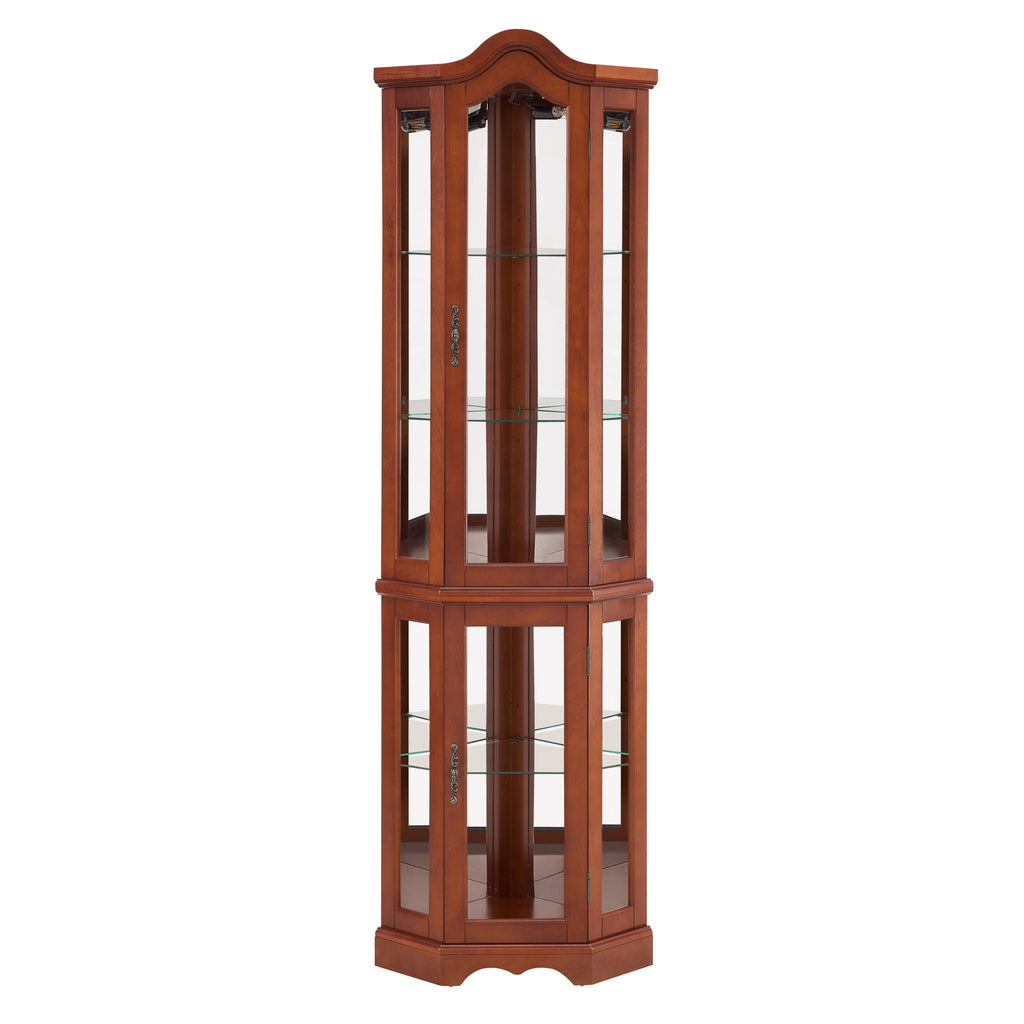 Corner Curio Cabinet With Lights, Adjustable Shelves, Mirrored Back - Walnut