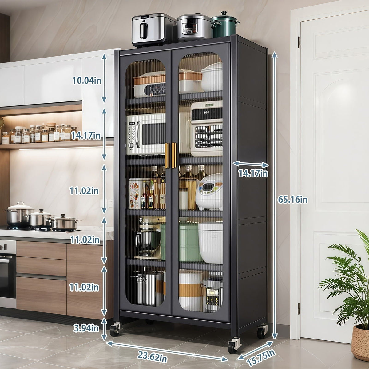 6 Tier Storage Cabinet With Transparent Door, Adjustable Shelves & Wheels
