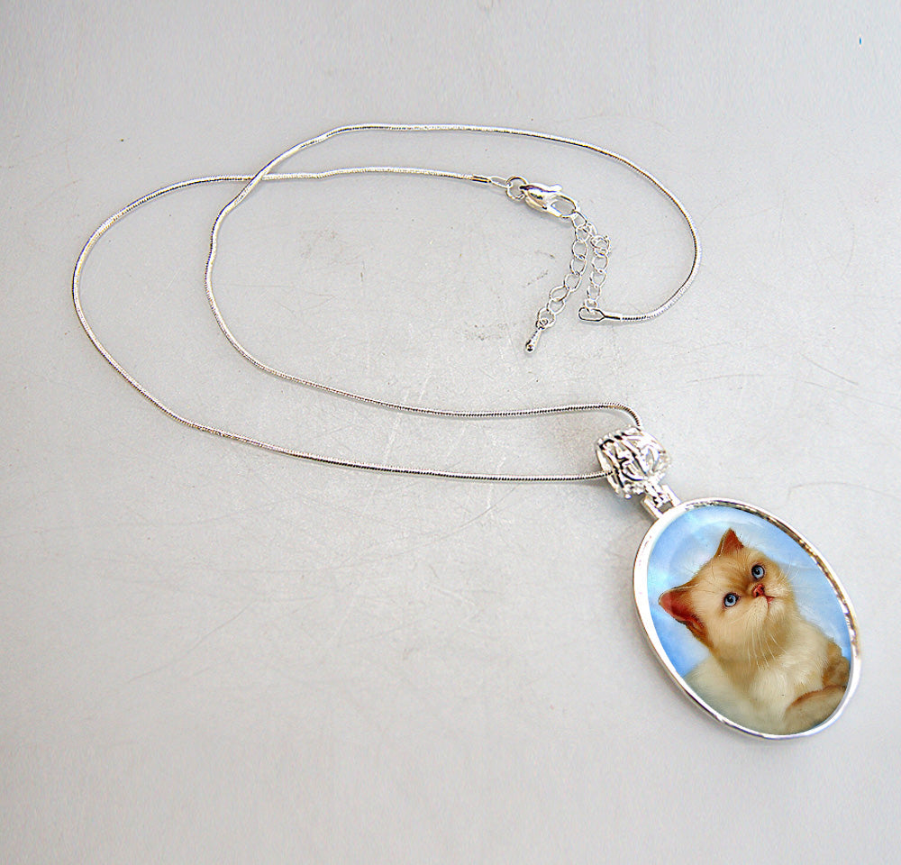 White Cat Angled Silver-Plated Mother of Pearl Jewelry Pendant Necklace - 44016