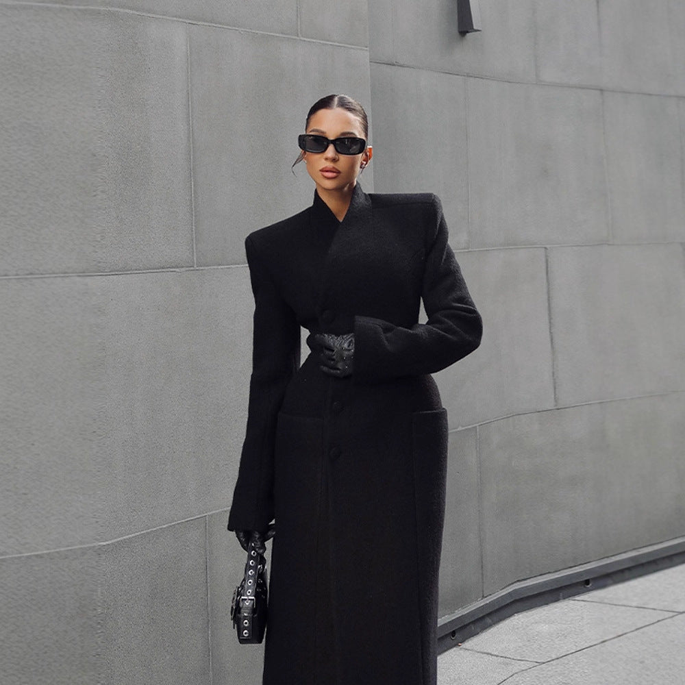 Temperament Shoulder-padded Waist-cinching Long Wool Coat For Women