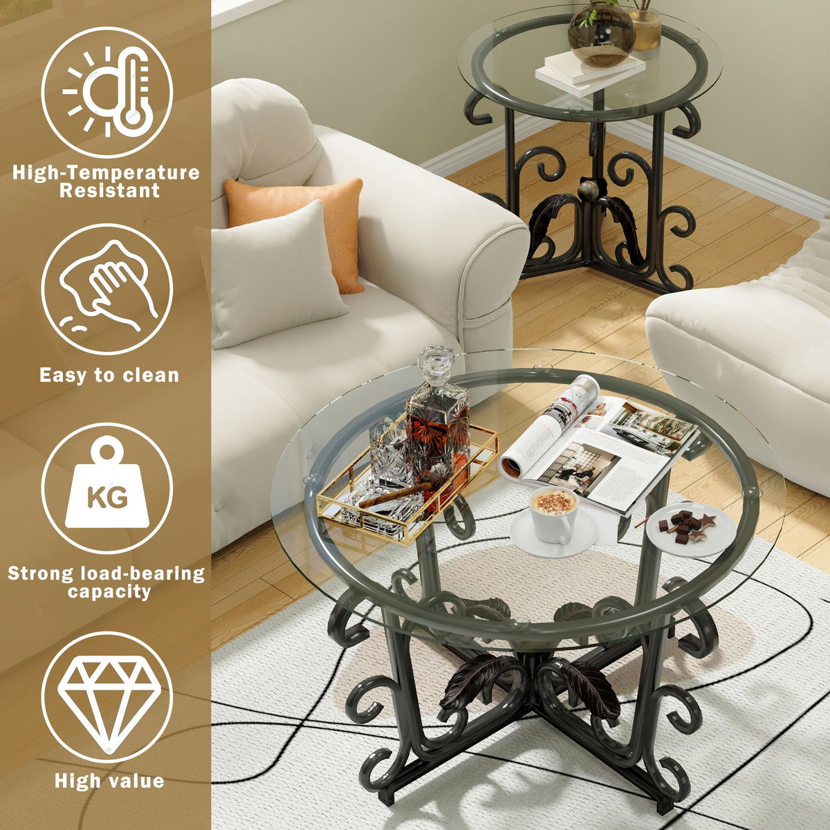 3 Piece Coffee Table Set With Tempered Glass Surface - Black