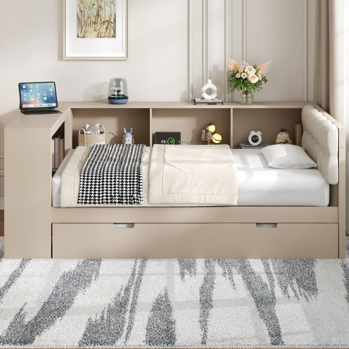 Upholstered Headboard Platform Bed with Storage Shelves, Trundle, and Charging Station